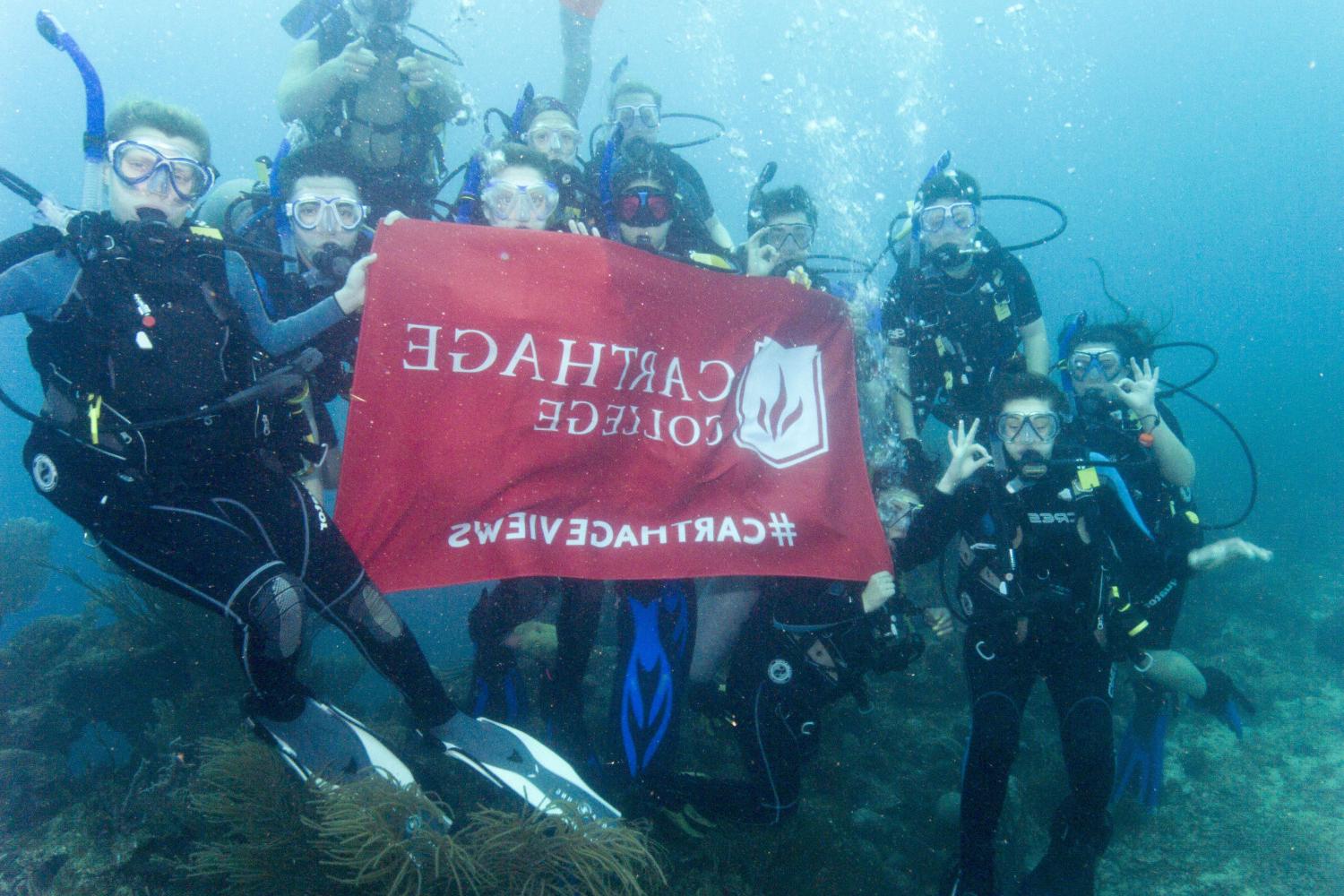 学生们手持<a href='http://ammv.ngskmc-eis.net'>bv伟德ios下载</a>旗帜，在j学期洪都拉斯游学之旅中潜水.